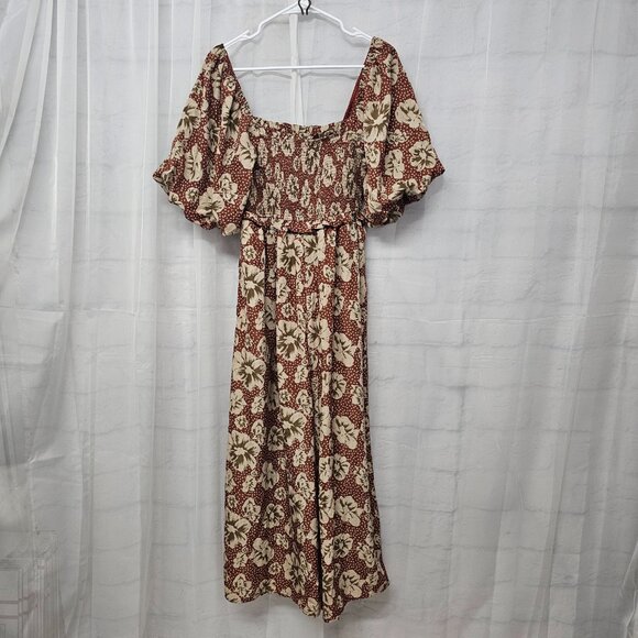Entro Jumpsuit Wide Leg Floral Boho Coquette Cottage Smocked Puffed Sleeve L - Picture 9 of 13